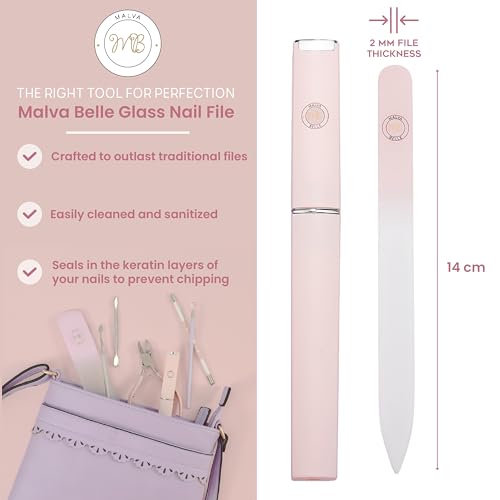 Malva Belle Crystal Glass Nail File with Travel Case - Reusable Nail Shaper for Natural & Gel Nails - Pastel Pink