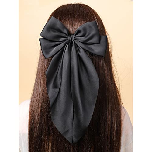 Large Satin Hair Bow Clip for Women - Black Ribbon Barrette