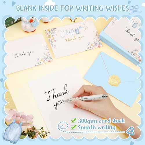 50 Pack Blue Baby Shower Thank You Cards with Envelopes