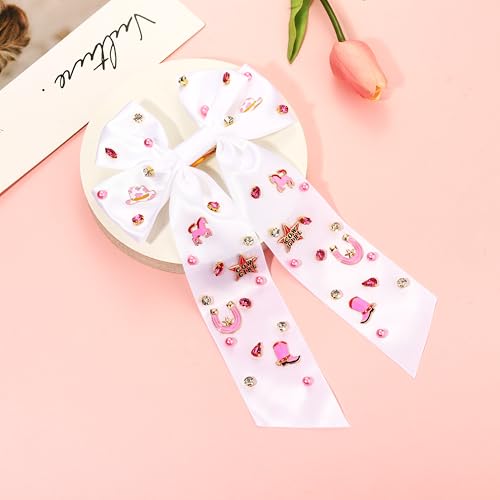 Mokkia Pattern C Western Cowgirl Hair Bows with Charms & Jewels - Pink Rodeo Accessories