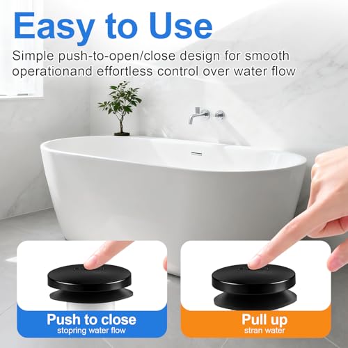Bathtub Drain Stopper with 3/8'' & 5/16'' Thread Adapters - Matte Black