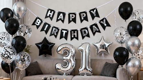 31st Birthday Decorations Set - Black & Silver Party Supplies