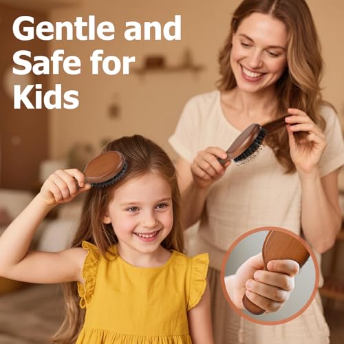 Ancable Wood Mini Round Travel Hair Brush with Boar Bristles, Kid-Friendly & Portable
