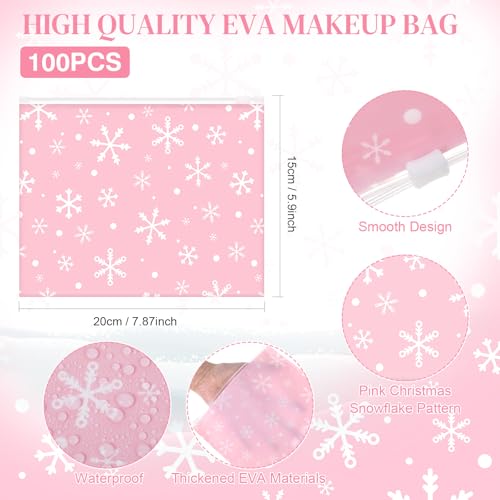 100 Pcs Pink Snowflake Christmas Cosmetic Bags - Waterproof EVA Travel Pouches