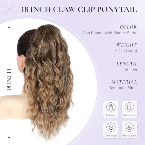 ZQIAN BEAUTY 18-Inch Curly Wavy Ponytail Extension - Ash Blonde with Blonde Ends