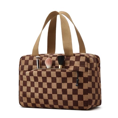 Dark Brown Checkered Makeup Bag for Women - Corduroy Cosmetic Organizer