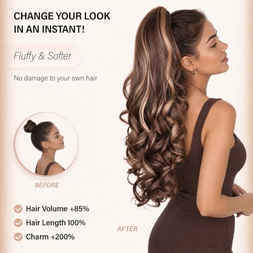 24 Inch Dark Brown & Honey Blonde Highlighted Ponytail Extension - Soft Wavy Claw Clip