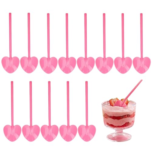 KALLORY 100PCS Heart-Shaped Pink Disposable Dessert Spoons