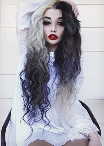 Swiking Half White Half Black Curly Wigs for Women - Long Wave Ombre Synthetic Hair, Party Cosplay