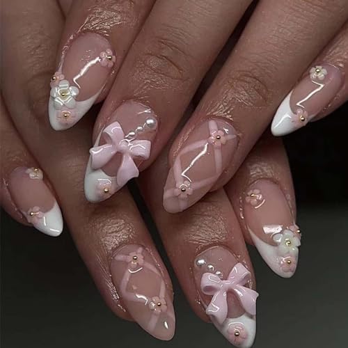 Foccna Almond Pink Rhinestone Fake Nails – Medium Bling 3D Flower Manicure 24 pcs - Variation 4