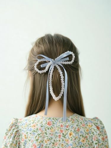 Light Blue Pearl Bow Hair Clips - Adjustable Set of 2 for Girls & Women