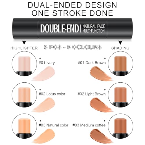 Meilury Double-Ended 6-Color Cream Contour Stick Kit with Highlighter, Blush & Bronzer - Set A