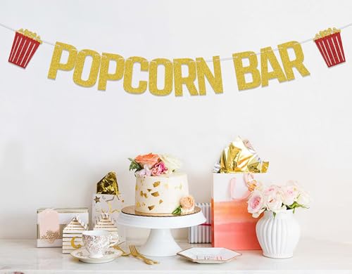 Gold Glitter Popcorn Bar Banner for Birthday & Wedding Parties