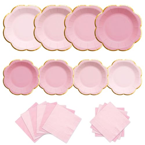 Pink Paper Plates and Napkins Set for 20 Guests - Scalloped Gold Rim
