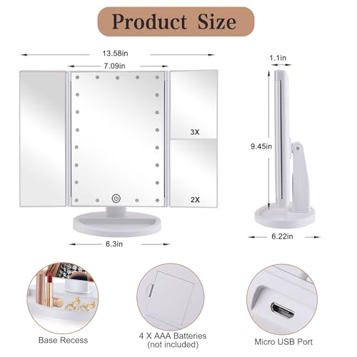 Flymiro Tri-fold Lighted Vanity Makeup Mirror with 3x/2x Magnification,Light up Mirror for Makeup,Touch Screen 21 LEDs,180¡Æ Rotation Countertop Cosmetic Mirror,Gifts for Women Mom Teen Girls