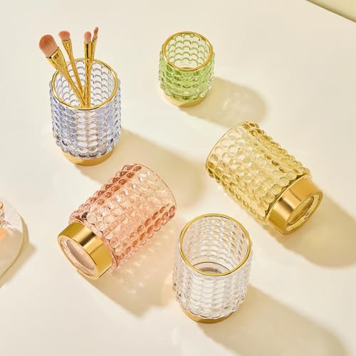 LEICURACE Vintage Glass Makeup Brush Holder, Green Large Desk Organizer
