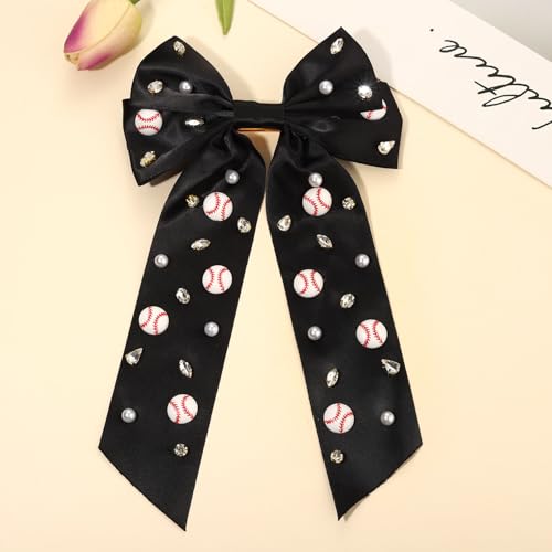 NVENF Rhinestone Baseball Hair Bow Clip - Large Satin Game Day Accessory