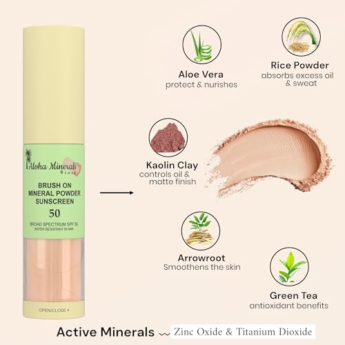 Aloha Minerals Brush-On Mineral Powder Sunscreen SPF 50 - Water Resistant, Natural Ingredients, 0.21oz