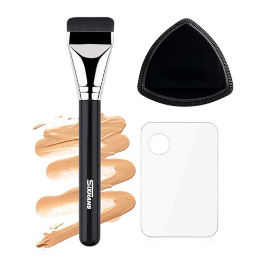 Rubycell Flat Foundation Brush Set with Makeup Sponge & Mixing Palette - Liquid & Cream Face Makeup Tools