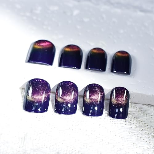 Dark Blue Shimmer Press On Nails with Pink Cat Eye Glitter Short Squoval Fake Manicure