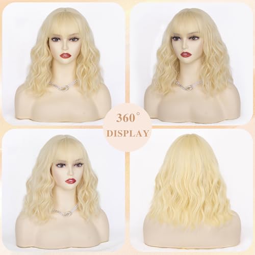 NAYOO 14-Inch Short Blonde Bob Wig with Bangs - Synthetic Heat-Resistant