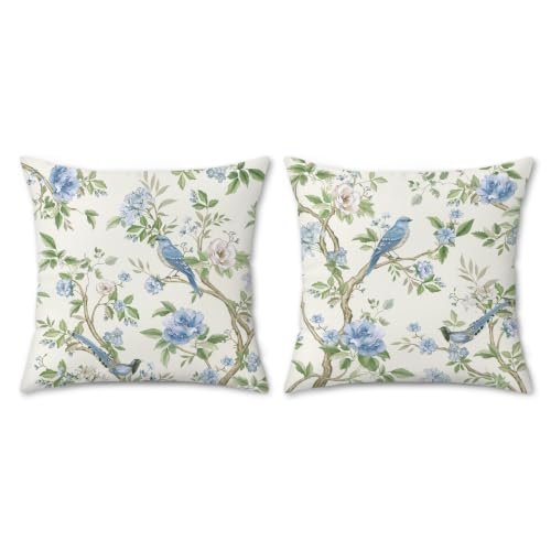 Blue Green Bird Floral Velvet Throw Pillow Covers - Set of 2, 18x18