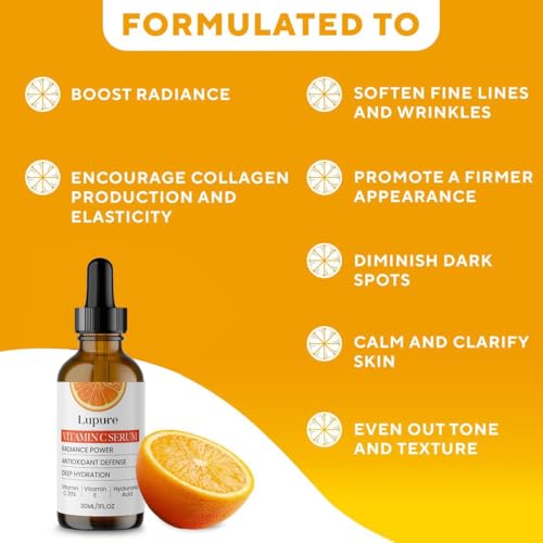 Lupure Vitamin C Face Serum 20% with Hyaluronic Acid & Vitamin E - 1 Fl Oz