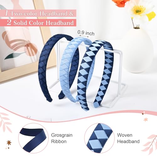 DEEKA 3-Piece Woven Headbands Set Navy Blue & Light Blue Hair Accessories for Women Girls Teens