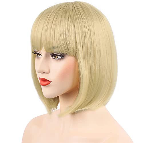 MOSINA 12 Inch Blonde Bob Wig with Bangs - Short Straight Synthetic Hair for Women