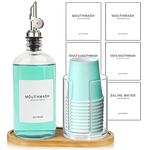 Ezebesta 480ml Glass Mouthwash Dispenser with Bamboo Tray and Cup Holder