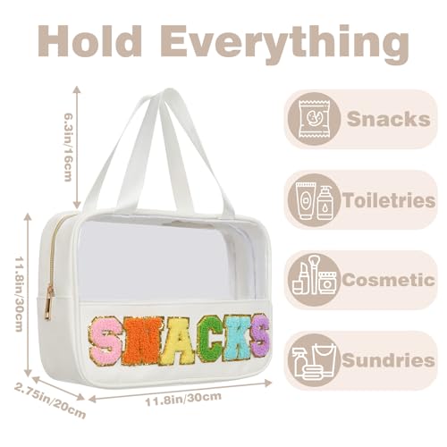 Snacks Bag Clear Chenille Varsity Letter Zipper Pouch Travel Makeup Bag Aesthetic Storage Organizer Pouches for Women with Glitter Patch Letters