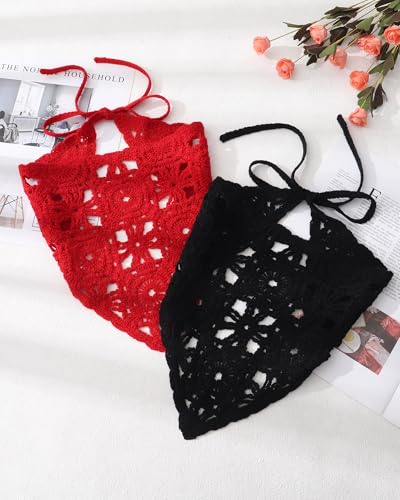 Boho Crochet Hair Bandanas for Women - Black & Red (2 Pcs)