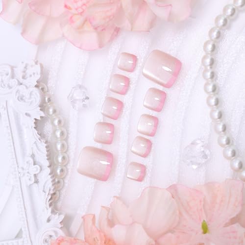 KEHKFSEF French Tip Press-On Toenails Short Square 14 Pink Glitter Fake Nails Spring Summer