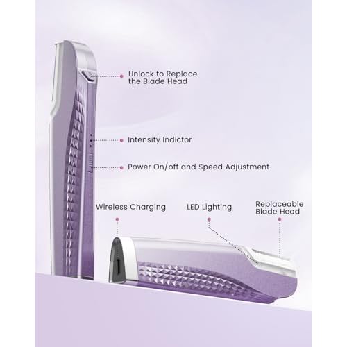 Dermaplane Razor for Women Face, Dermaplaning with 8 Refill Blades (Purple) | Peach Fuzz and Exfoliates, Rechargeable Dermaplane Tool, 3 Adjustable Speeds, LED Light, Simple to Operate, Easy to Carry