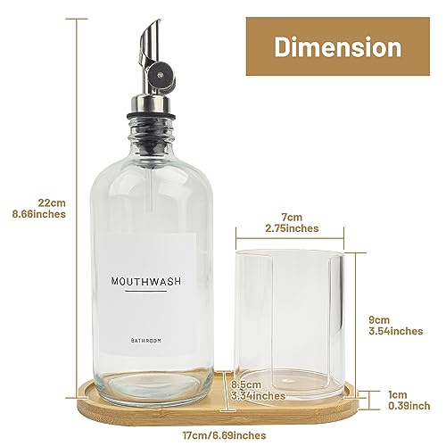 Ezebesta 480ml Glass Mouthwash Dispenser with Bamboo Tray and Cup Holder