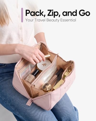 NISHEL Travel Makeup Bag - Open Flat Organizer Pouch, Pink