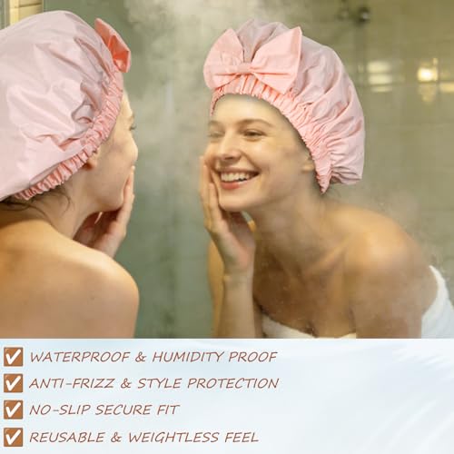 TUVATU Waterproof Shower Cap for Women with Cute Bow, Reusable Hair Cap