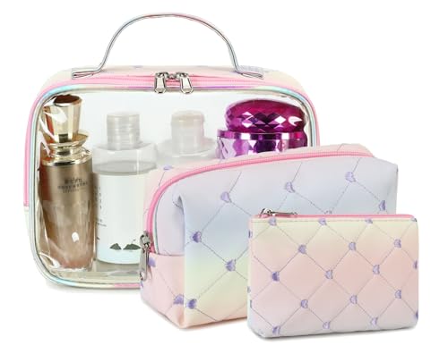 Bluboon Rainbow Heart 2 Makeup Bag Set - 3Pcs Clear Travel Toiletry Bags