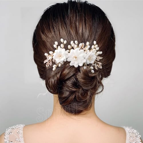 Handmade Pearl Rhinestone Wedding Hair Comb with 3 White Flowers