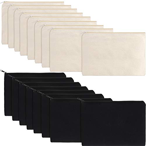 Large 16 Pcs Canvas Zipper Pouches - Beige and Black Pencil Bags