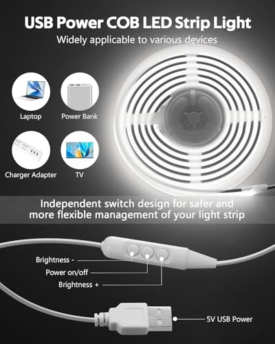 Samsion 6.6FT COB LED Rope Light - USB Powered, Waterproof, Dimmable