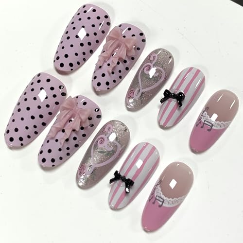 BABALAL CNF000 Reusable Medium Almond Press On Nails with Pink French Tips & Bling Charms