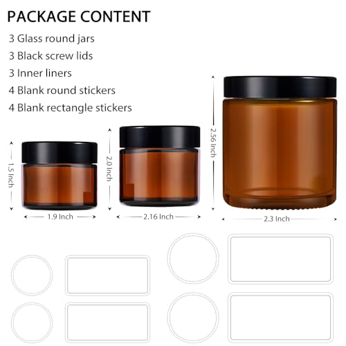 Amber Glass Jars Set - 4oz, 2oz, 1oz with Black Lids | Leakproof & BPA-Free