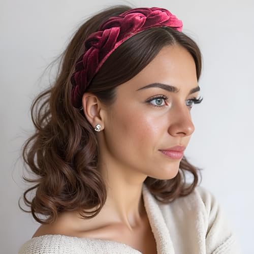 Dresyu Burgundy Braided Velvet Headband for Women, Padded Non-Slip Hair Accessory