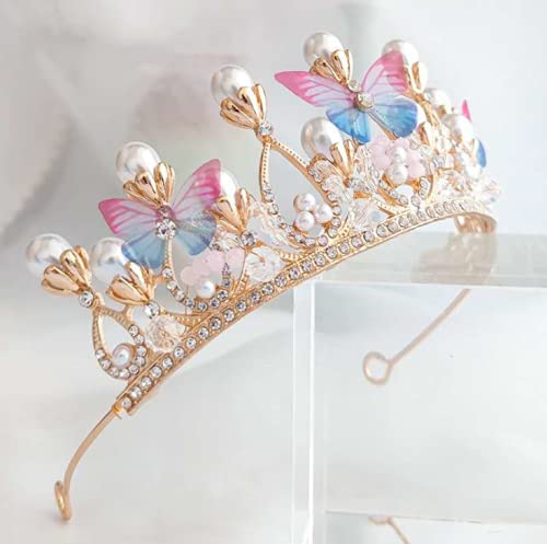 Gold Butterfly Princess Tiara Headband with Pearls & Rhinestones for Wedding Bridal Prom