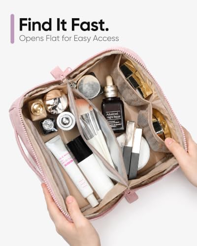 NISHEL Travel Makeup Bag - Open Flat Organizer Pouch, Pink