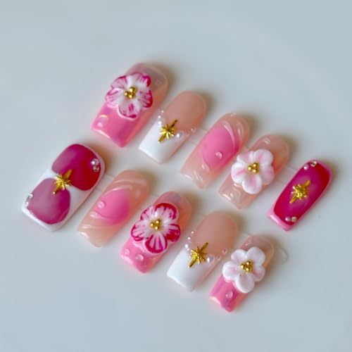 Haozerart Pink Sakura Medium Square Floral Acrylic Press-On Nails - Reusable 3D Design