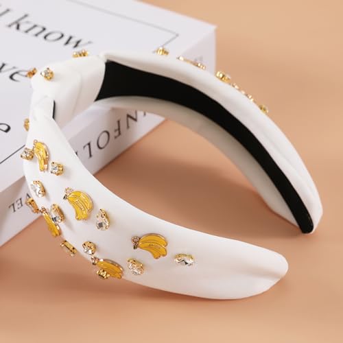 Banana White Headband for Women - Rhinestone Top Knot Hairband