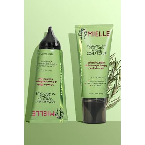 Mielle Organics Rosemary & Mint Sugar Exfoliating Scalp Scrub - Gentle Pre-Shampoo Dry Scalp Treatment for Oil & Product Buildup - Biotin Infused Non-Drying, Moisturizing Formula (6 Fl Oz)