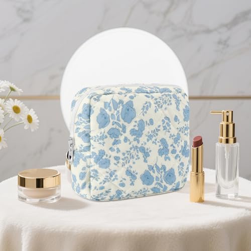 Tmtains Aa-Blue Flower Small Quilted Cotton Makeup Bag for Travel & Purse